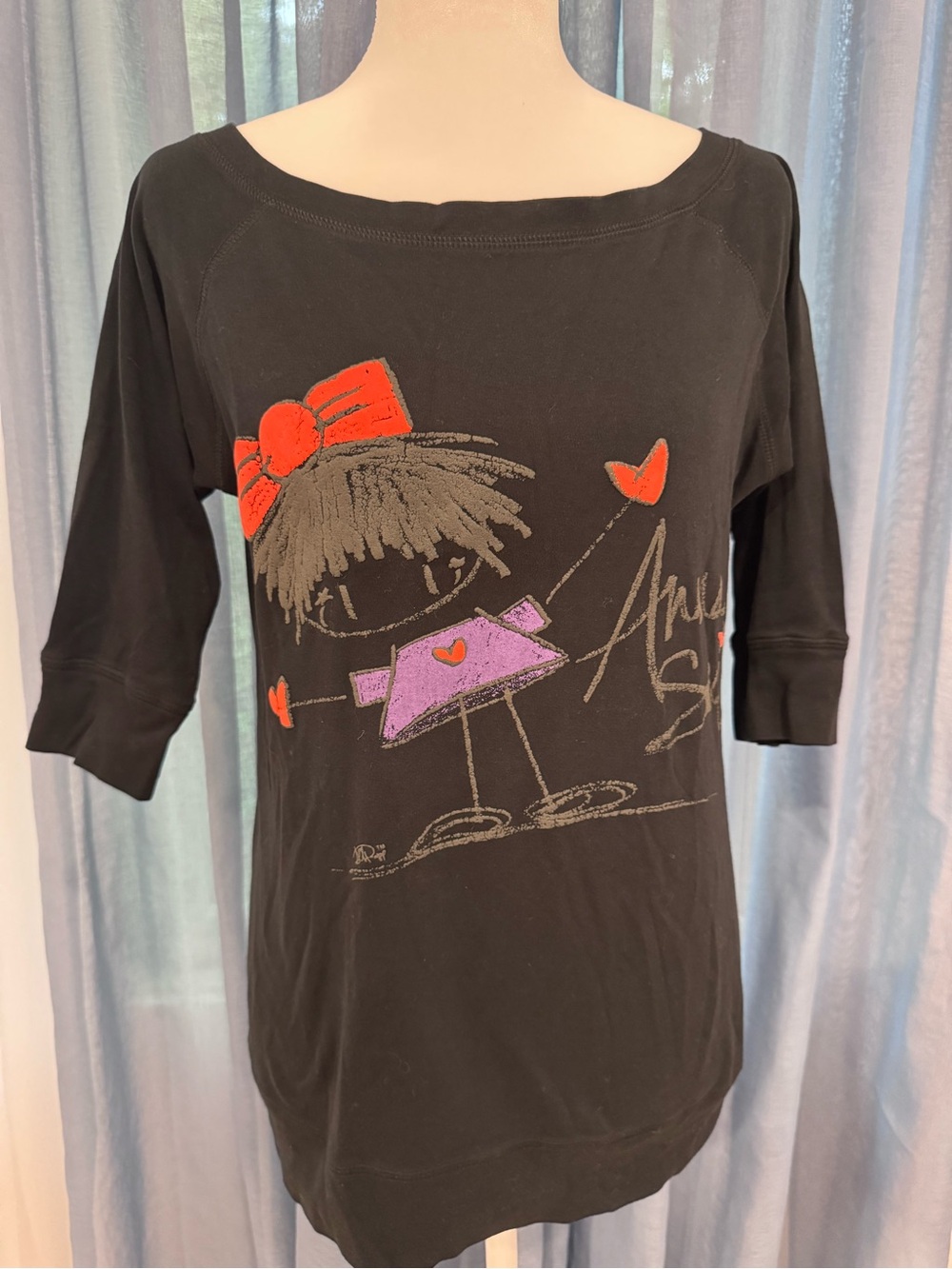 Anna SuI Black Graphic Boatneck Top with Red & Purple Accents